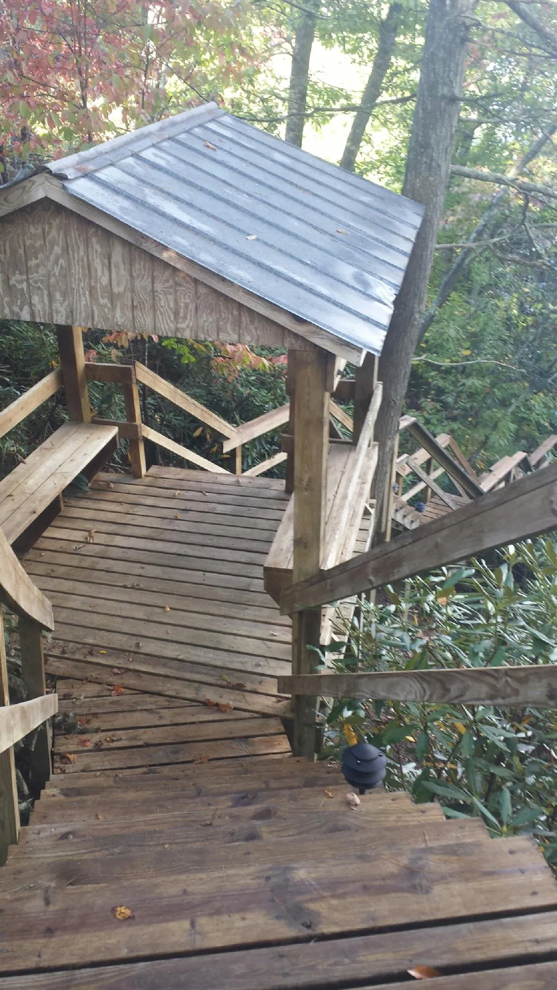 Metal roofed shelter over wooden steps on a wooded walkway — Skylight Repair & Installation work by our crew in Saint Louisville